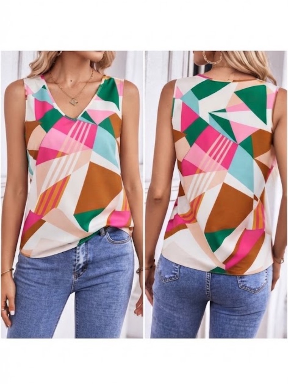 SHEIN LUNE Geo Print V Neck Blouse size M new without tag